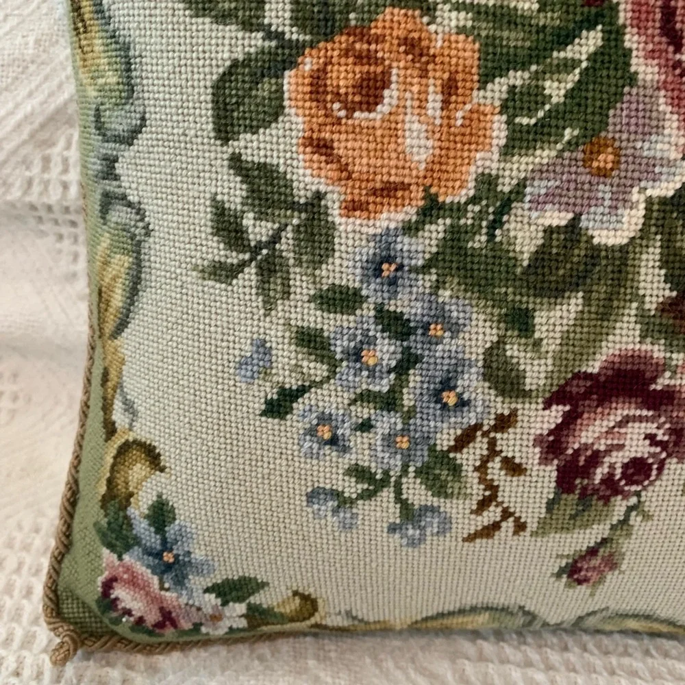 Vintage Floral Needlepoint Pillow with Green and Pink Accents